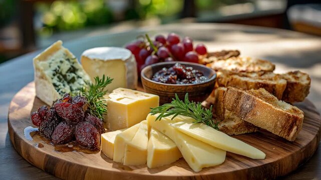 Wooden tray with a variety of cheeses, bread, and fruit. The tray is placed on a table. cheese platter outdoors, no cover, soft shadow over exposed food, listeria