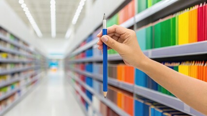A hand holding a blue pen in a brightly colored stationery aisle showcases organized shelves of folders.