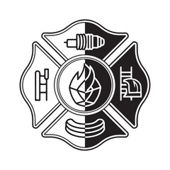 Fire Department Cross black and white Helmet is an illustration of a fireman or firefighter Maltese cross emblem on white background