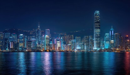 Obraz premium Hong Kong skyline at night reflects in water