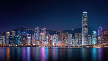 Fototapeta premium Hong Kong skyline at night with city lights and reflections