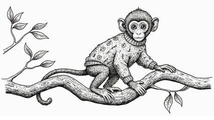 Sketch of a cartoon monkey in a cozy sweater sitting on a branch with leaves