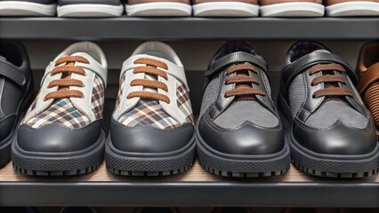A display of stylish men's shoes arranged on a shelf, showcasing various designs and colors.