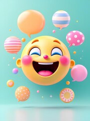 Joyful cartoon face with colorful speech bubbles and floating shapes