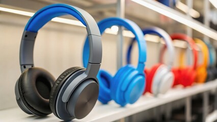 Colorful headphones displayed on a shelf, showcasing a variety of styles and colors, ideal for music lovers and audio enthusiasts.