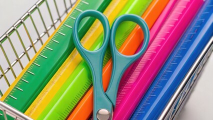 Colorful rulers and scissors arranged in a wire basket, showcasing vibrant stationery supplies for creative tasks.