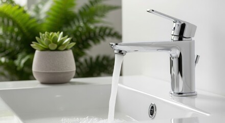 Modern bathroom sink with flowing water minimalist design and houseplant in bright natural light creating a serene and stylish space