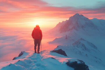 Obraz premium Adventurer gazes at breathtaking sunset over snowy mountain peaks during challenging trek