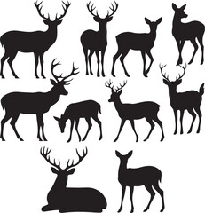 Black deer silhouettes standing walking resting stag fawn