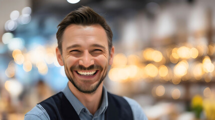 Successful cashier working in a large prestigious supermarket, exuding professionalism
