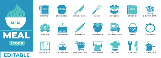 Editable meal icons for food industry, clean style, vector set