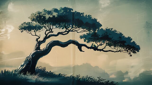 Ancient weathered twisted tree silhouetted against a hazy sky showcasing resilience and the passage of time with intricate branch patterns under a diffused light in a serene natural landscape