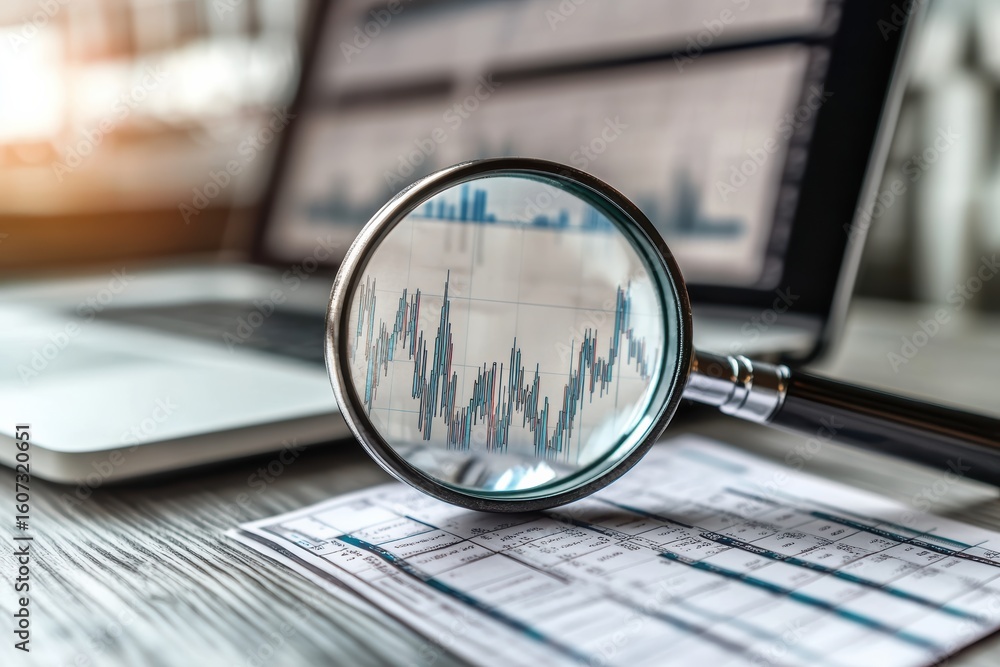 Poster focusing on data analysis with a magnifying glass on financial charts and graphs