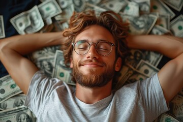 Businessman enjoys relaxation lying on a bed of one hundred dollar bills with a smile