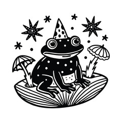 Whimsical Frog in Party Hat Sitting Among Mushrooms and Stars in Graphic Illustration