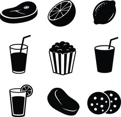 Black and white food icons: steak, soda, popcorn