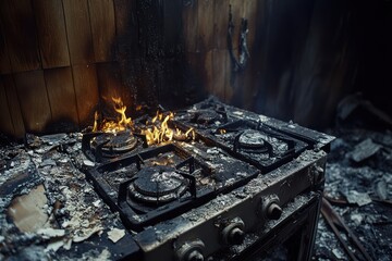 Kitchen fire damages stove and walls causing significant destruction and smoke stains