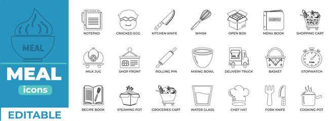 Editable meal icons for food industry, clean style, vector set