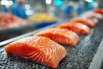 Fresh salmon fillets aligned on processing line conveyor in modern seafood facility for quality control and distribution
