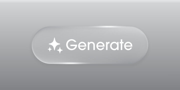 Modern generative AI button. Liquid glass button with generate symbol. Artificial intelligence. User interface element for ui ux design.  Transparent frames and buttons. Vector illustration.