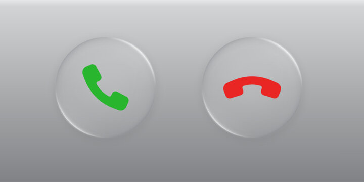 3D modern answer and decline phone call buttons in the style of liquid glass and glossy surface. Phone call. User interface element for ui ux design. Transparent frame and button. Vector illustration.
