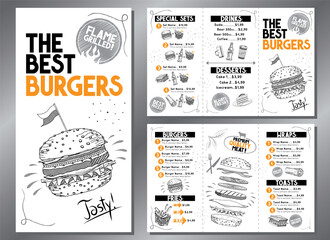 The best burgers menu - trifold leaflet template - letter format (8,5 x 11 inches) - vector illustration