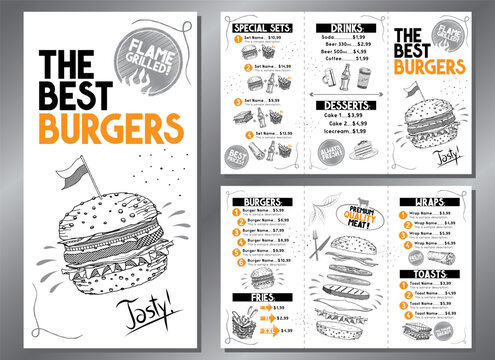 The best burgers menu - trifold leaflet template - letter format (8,5 x 11 inches) - vector illustration