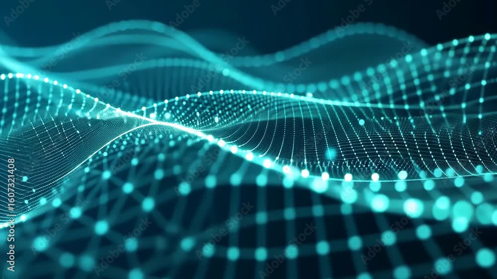 Poster futuristic digital wave pattern of glowing data points and lines