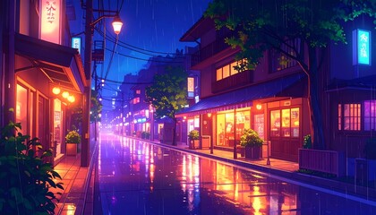 Rainy urban night scene in stylized illustration with vibrant neon glow and calm serenity