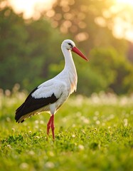 Fototapeta premium Stork in field at sunrise