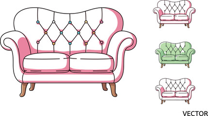 A charming cartoon illustration showcases a pink tufted sofa with colorful buttons, alongside smaller sofa variations in pink and green, perfect for interior design concepts.