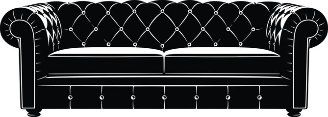 Elegant black silhouette of a Chesterfield sofa showcases its classic design, tufted upholstery, and iconic rolled arms, perfect for interior design projects.