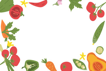 Colorful vegetable border featuring assorted fresh produce on black background.