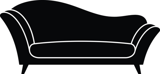 A stylish black sofa silhouette showcases modern furniture design, perfect for interior decor projects and representing comfort in a minimalist graphic style.