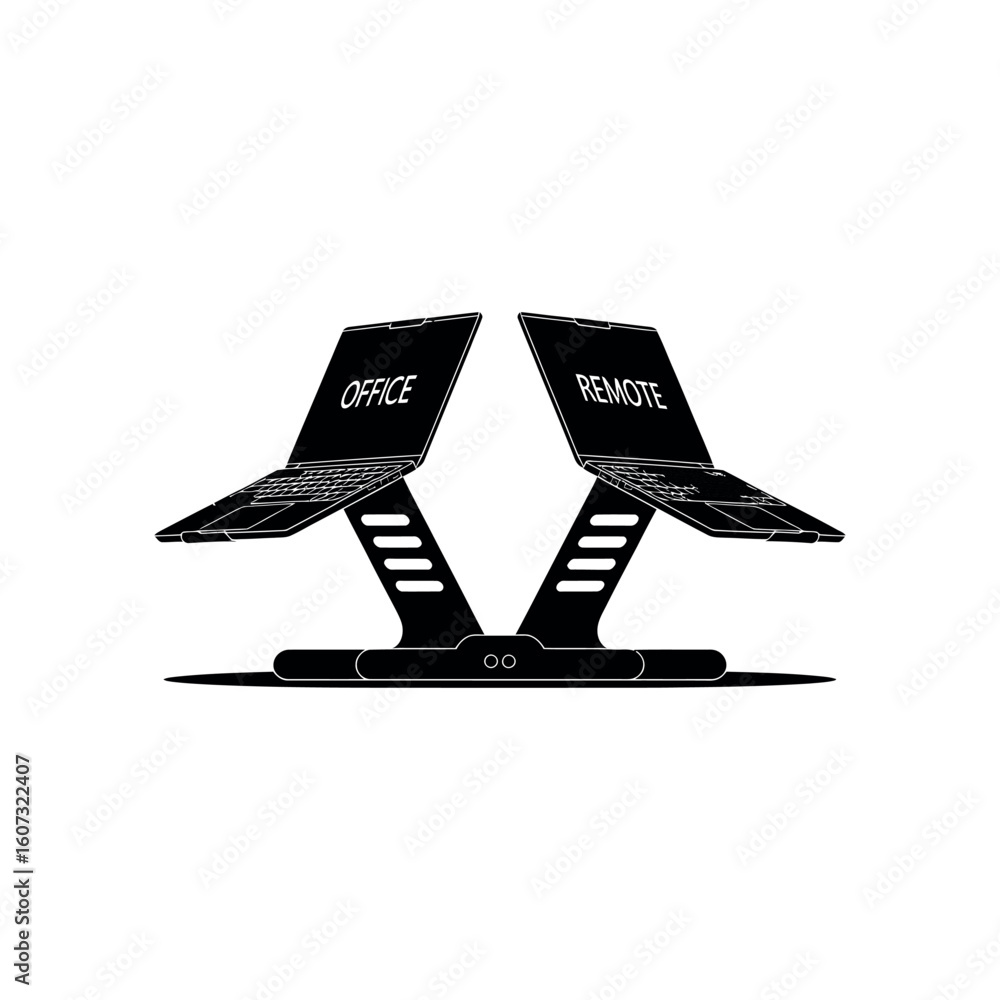 Fototapete Two black laptops on stands one labeled O F I C E other R E M O T E computer technology