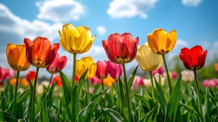 Vibrant tulips in a field under a partly cloudy sky