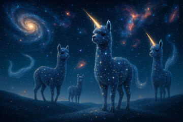 Fantasy Cosmic Alpacas made of stars and comets rising from stardust hills