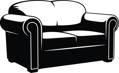 A stylish black and white vector illustration showcases a comfortable sofa, perfect for interior design projects and furniture-related themes, offering a modern and minimalist aesthetic.