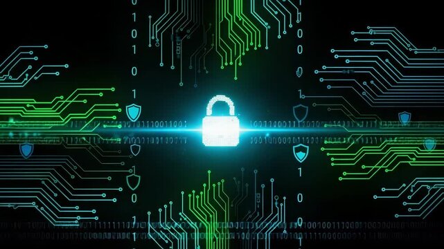 Glowing padlock surrounded by binary code and circuit board patterns on a dark background