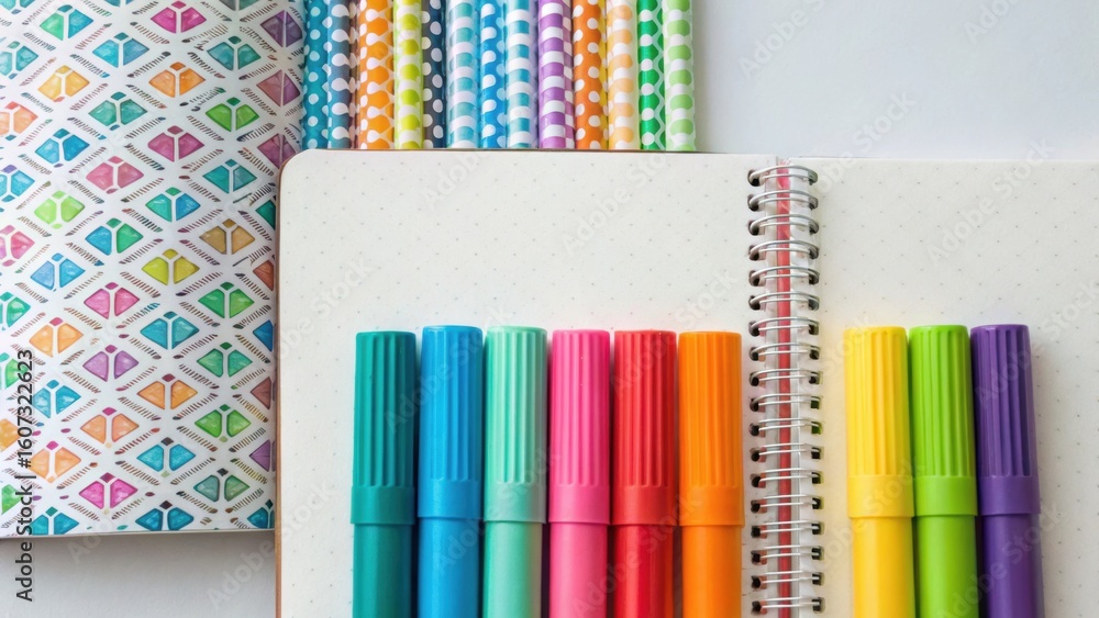 Poster colorful markers arranged neatly beside a patterned notebook on a clean surface, creating an invitin