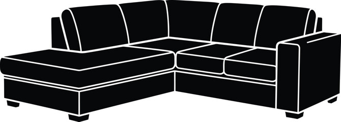 A modern black sectional sofa with a chaise lounge is showcased in a minimalist design, perfect for illustrating furniture layouts and interior design concepts.