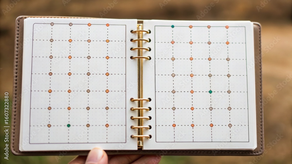 Poster open planner with empty calendar pages, showing a grid layout for organizing dates and tasks, held b