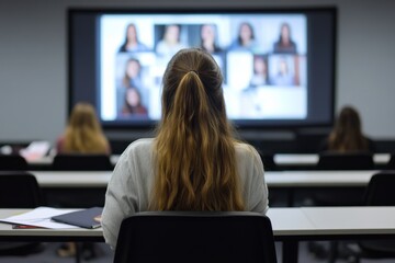 University student attending remote lecture and engaging with virtual classmates online