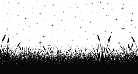 A serene silhouette showcases tall grass and wheat against a backdrop of twinkling stars, evoking a sense of nighttime tranquility and natural beauty in a minimalist design.