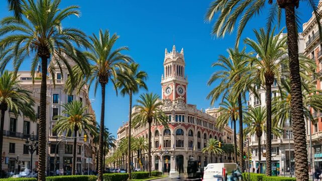 Historic Plaza de Luceros in Alicante, Spain, featuring a striking clock tower surrounded by lush palm trees under a bright blue sky.