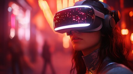 VR headset user in vibrant nightlife setting