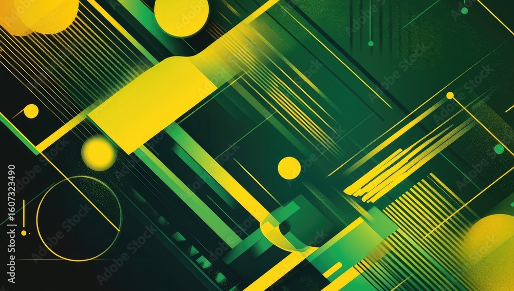 Poster abstract geometric design with vibrant yellow and green shapes on a dark background. dynamic lines a