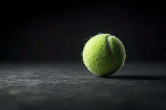 Tennis ball suspended mid-air in a dimly lit environment