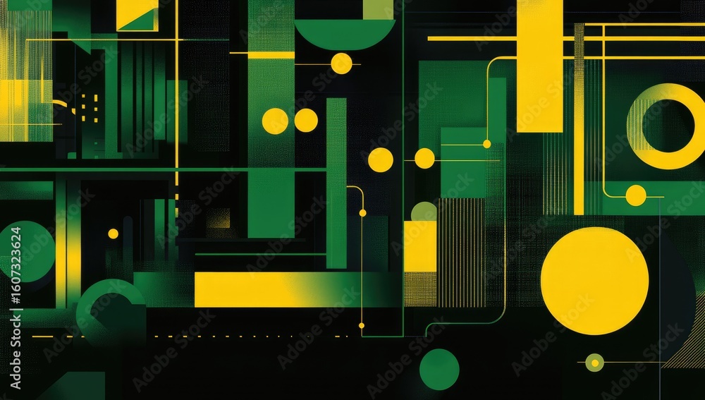Poster abstract geometric design with vibrant green and yellow shapes on a dark background. intricate lines