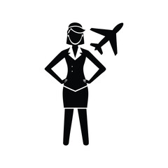 Stylized illustration of confident stewardess standing near an airplane icon